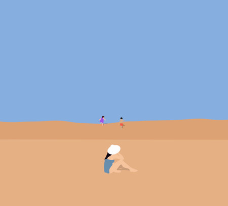 Mother seeing child playing on the sand near the beach. Family summer vacations. Mother's day. Children's day. Enjoyment and holiday concept.のイラスト素材