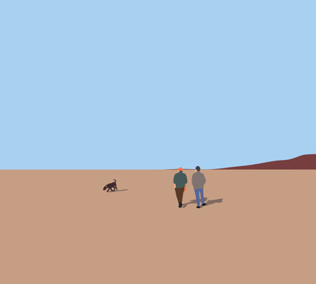 Two man with dog on the trip in the mountains. Enjoying People and animals. Traveling and playing sports with pets. outdoor activities and adventure.のイラスト素材