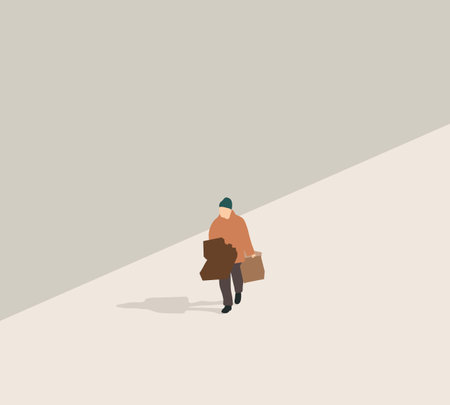 Man in brown coat with heavy box and shopping bag walking on the streets. People lifestyle.のイラスト素材