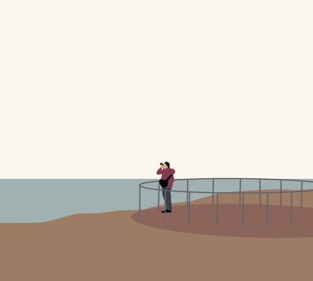 Man taking pictures of beach around him with camera to post them on his social media accounts. Happy holidays concept.のイラスト素材
