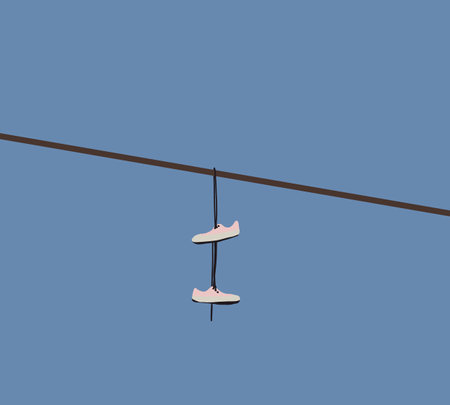 Pink sneakers hanging on electric wires against a background of blue sky. Close-up, copy space. Urban culture, sale of prohibited substancesのイラスト素材