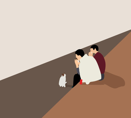 Two man eating food and the cat looking at them. Pet friendly. Relaxing on street on holiday vacation. Lifestyle outdoors.のイラスト素材