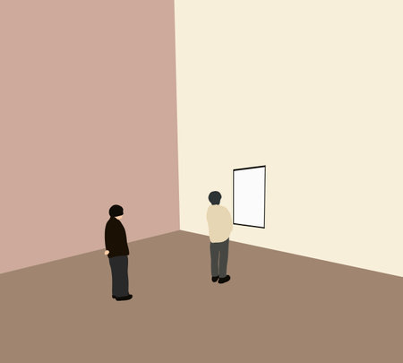Woman looking at blank artwork on wall at modern art gallery exhibition, copy space. Museum people lifestyle concept.のイラスト素材