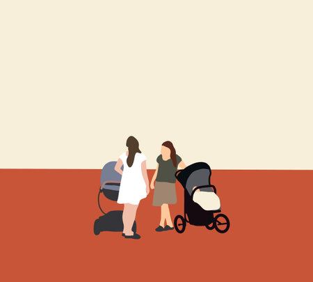 Two women walking with baby stroller on city street. Enjoying peaceful stroll. Leisure at spring...