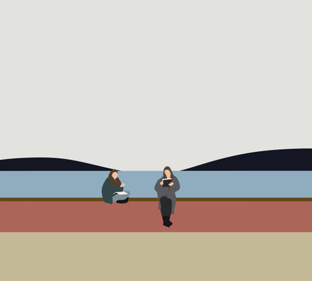 Woman reading book in a city park by the river. Relax time on holiday concept travel color of hipster style. Enjoying lifestyle.のイラスト素材