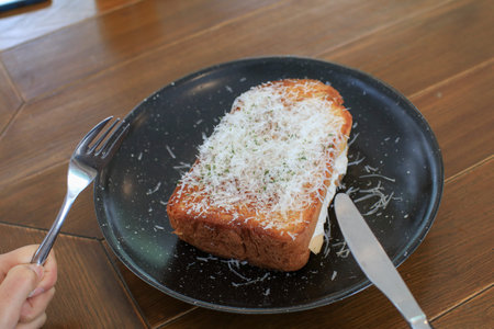 Grilled toast sandwiches with cheese  on rustic wooden table. Healthy, natural spring breakfast or...