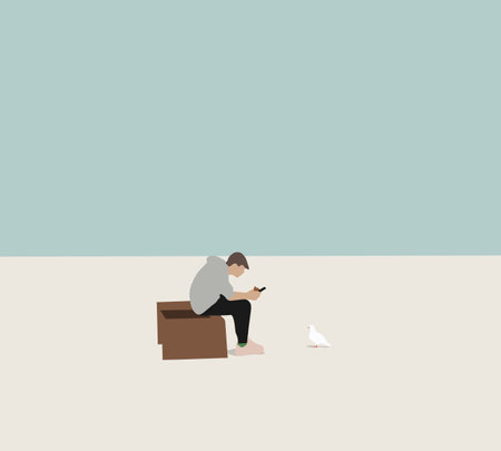 Man take photo of white bird while sitting on bench in public park. Rest and relaxing. Lifestyle autumnal concept.のイラスト素材