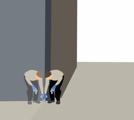 Man cleaning are using cloths and spraying disinfectant Wipe the glass of the windows of the facade of the building.のイラスト素材