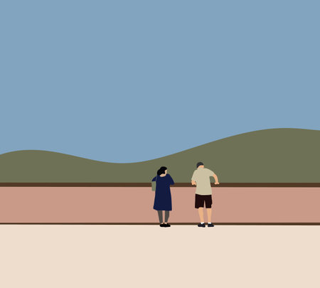 Man and woman standing on view point looking at mountain view. Exploration, hiking, adventure tourism and travel.のイラスト素材