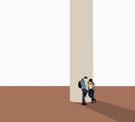 Two young man standing on street playing phone. Spending time outdoors at the city. Consumerism, lifestyle conceptのイラスト素材