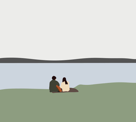 Couple sitting on the park ground near the lake while young man playing guitar. Enjoying date the weekend.  Lifestyle, love, dating, vacation conceptのイラスト素材