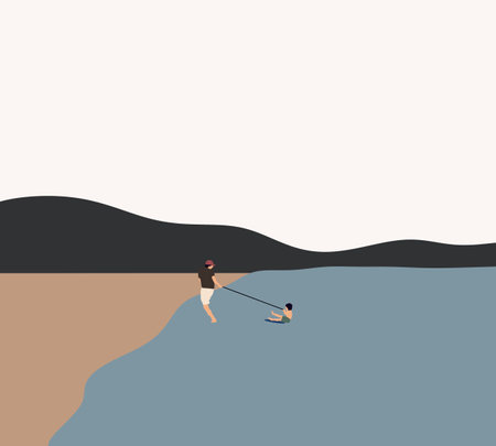 Father and son surfing board on the beach. Family time enjoying white sand and the ocean on beautiful sunny day on summer holidaysのイラスト素材