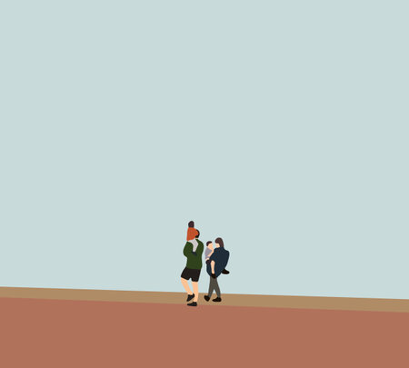 Family Carrying Children walking on city street. Mother and father carrying son on his shoulders on vacation. Happy family enjoyingのイラスト素材