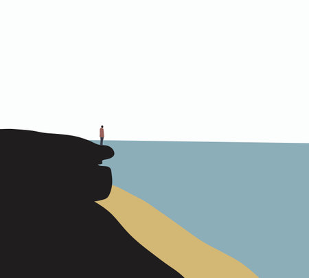 Man hiker standing on cliff at the seashore enjoying the breathtaking landscape sea view. Happy and freedom.のイラスト素材