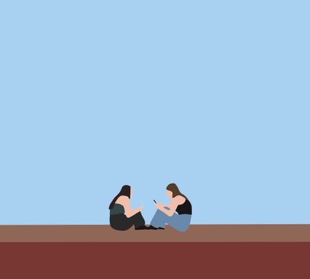 Two women sitting and talking while enjoying near the lake. Summer leisure on a nature, female friendship.のイラスト素材