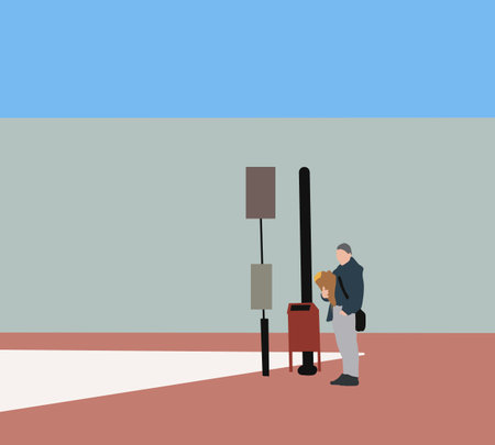 Man holding bouquet of flowers and looking away while waiting cross street to meet his girlfriend.のイラスト素材