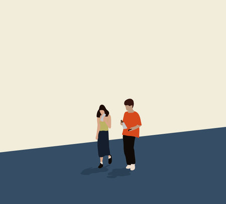 Couple eating sandwich and walking on footpath city street. Tourists visiting destination, summer trip exploringのイラスト素材