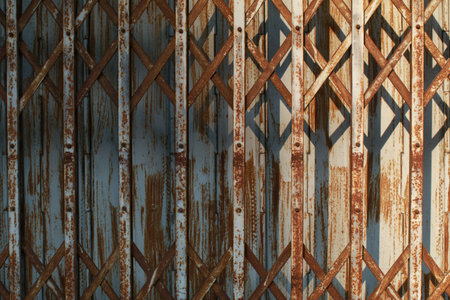 Rusty Steel folding sliding old door with shadow and sunlight. Iron gate vintage style. Close up texture and background.の写真素材