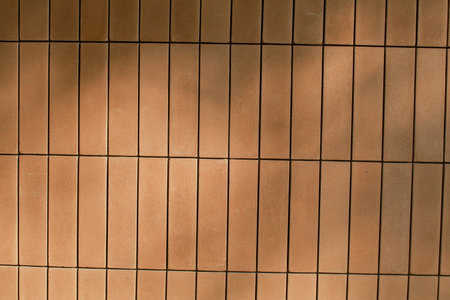 Brown Wall tiles with morning sunlight and foliage leaves. Wallpaper, background, textile. minimal interior design decoration, architectureの写真素材