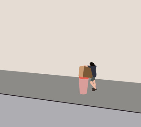 Man with carton box standing on city street waiting for delivery transportation. Moving to new house.のイラスト素材