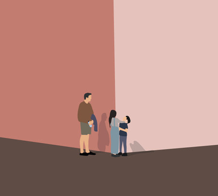 Kids playing together with father standing on corner of city street. Family spend time on holiday vacation.のイラスト素材