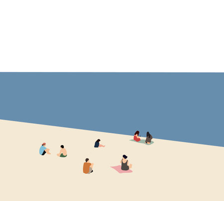 People sitting and relaxing on the white sand beach during holiday vacation. Travel leisure concept. Blue ocean scenic view background.のイラスト素材