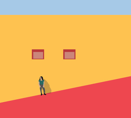 Woman in green shirt standing on street with yellow background wall. Casual fashion. Healthy lifestyle concept.のイラスト素材