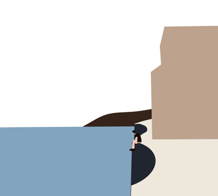 Man sitting on the edge of cement wall by lake on city street at summer day. Tourism, weekends with nature outside.のイラスト素材