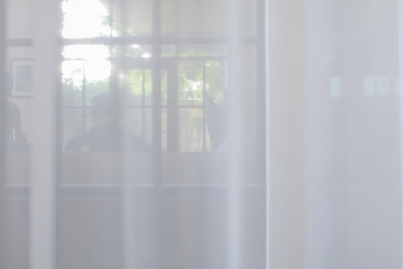 White curtain with texture for see through and soft light. Interior decoration on morning warm...