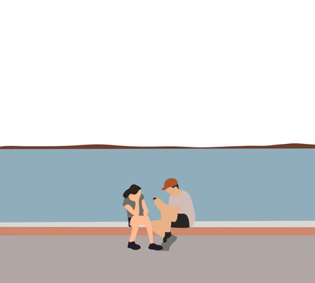 Couple sitting near the river bank on a romantic date. Relaxing and enjoying in nature lifestyle. Happy moments together.のイラスト素材