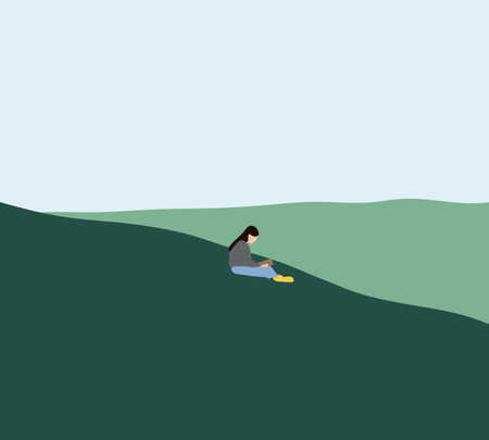 Woman reading book on green meadow in public park during sunny summer/spring day.  Recreation, education and study , curiosity, leisure timeのイラスト素材