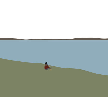 Girl sitting and relaxing on green trees and grass, lake at sunset in spring. Landscape with resting girl in park in summer.のイラスト素材