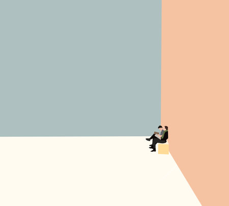 Man and woman sitting and reading book on bench at city street in modern building. Enjoying holiday vacation.のイラスト素材