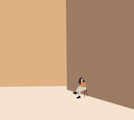 Happy woman in brown shirt sitting on chair in city street during holiday vacation. Minimal style. Fashion Autumn Clothing Outdoorsのイラスト素材