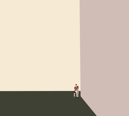 Man sharing smart phone with girlfriend at street. Tourists travelling. Dating outdoors. Interracial couple browsing photos on mobile phone on modern city.のイラスト素材