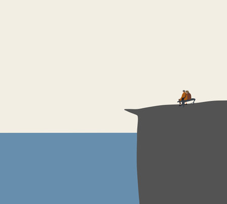 Happy senior couple sitting on bench on rock cliff looking landscape lake view. Enjoying Romantic holiday.のイラスト素材