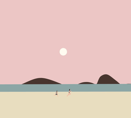 Children having fun on sandy beach in summer during vacation. Enjoying spending time together on summer seasideのイラスト素材