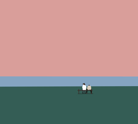 Man and Woman sitting on bench looking at lake in spring summer. People having relax outdoor leisure activity. Wellbeing and natural lifestyle.のイラスト素材