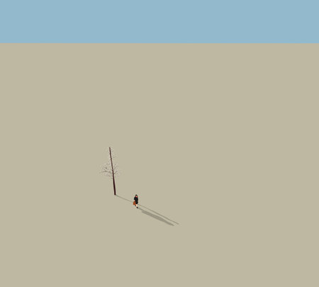 Woman in black cloth with red scarf walking away from tree. Outdoor autumn park relaxation. Spending time alone in nature. Lifestyle concept.のイラスト素材