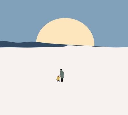 Father son walking in the mountains with snow winter weather. Beautiful winter natural landscape. Spending time with family.のイラスト素材