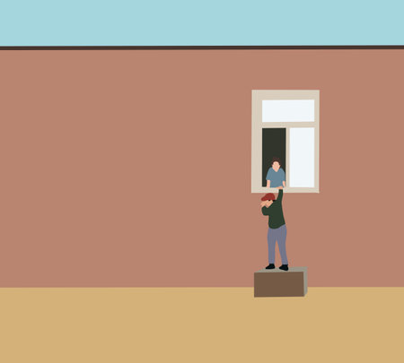 Sneaky kids climbing window of house while his mother looking at him from inside house. Happy fun childhood on holiday vacation.のイラスト素材