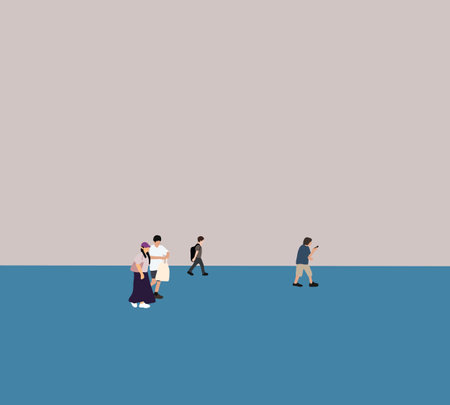 People walking in the city street on holiday vacation. Urban city life background. Group of family with little child.のイラスト素材