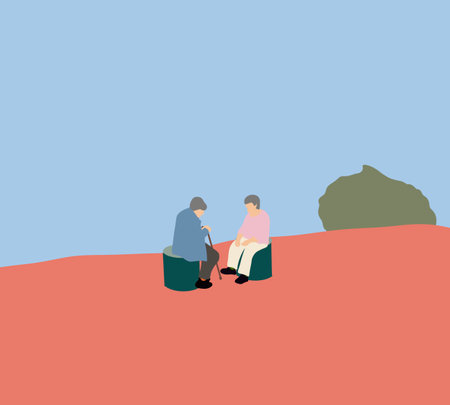 Two old woman sitting and talking in public park. Mature friends spending time together. Relationship and people concept.のイラスト素材