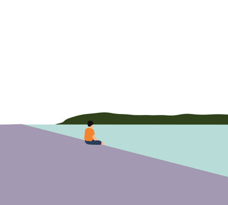 Man sitting on wooden pier with lake and mountains sunny landscape on background outdoor. Thinking and concentrateのイラスト素材