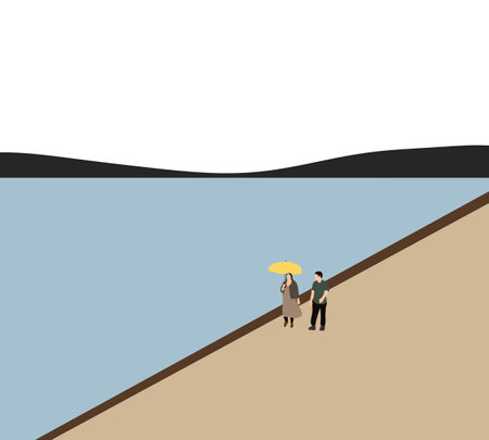 Woman holding yellow umbrella walking with man near lake and mountain view on background. Spend time together.のイラスト素材