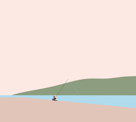 Man fishing with rod on boat pier during the morning light on the lake. summer holidays and people leisure conceptのイラスト素材