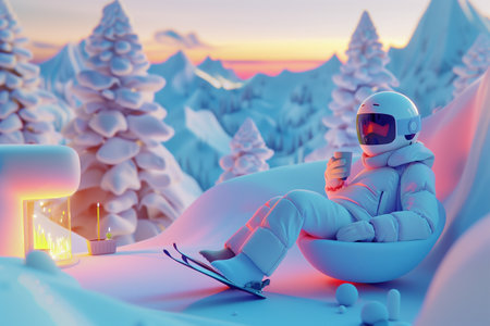 Man wearing helmet, winter white cloth and ski sitting and drinking hot chocolate at outdoor chair surrounded by snow mountain landscape. Relaxing on holiday vacation. Abstract background.の素材