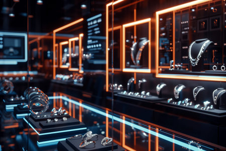 Futuristic display stand for a jewelry shop featuring custom rings, earrings and bracelets. Luxury fashion store. illuminated interior of a high-end accessories.の素材
