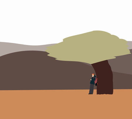 Young man with skateboard on his back leaning to tree in public park. Recreation and Relax in nature with mountain view.のイラスト素材