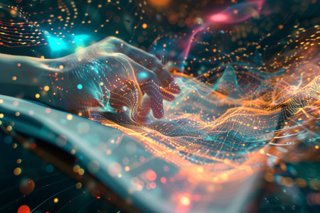 Hand touching holographic connection data digital marketing online, analysis and planning of business online. Futuristic artificial intelligence and communication networksの素材